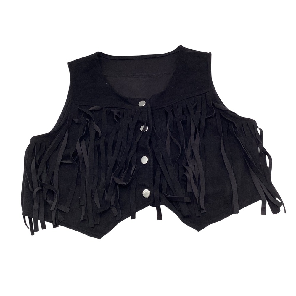 Hapsho Black Faux Suede Fringe Vest Cropped Western Boho Snap Front XL US‎ 12
